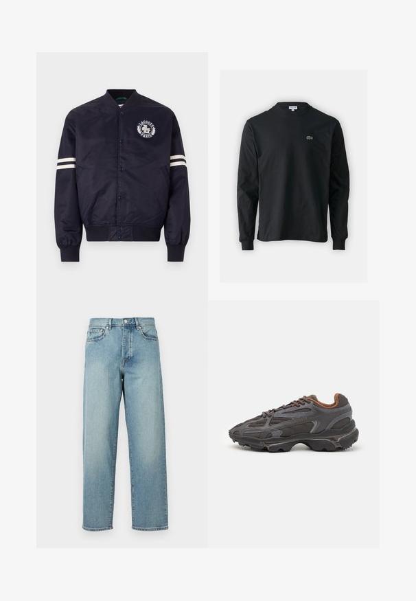 Navy blue bomber jacket made of smooth fabric, featuring a round logo on the left chest and white stripes on the sleeves. Ribbed cuffs.; Black long-sleeve t-shirt made of cotton, featuring a round neckline and a small green embroidered crocodile logo on the left chest.; Light blue denim jeans with a loose fit, straight legs, five-pocket design, and a button closure at the waist. Minimalistic stitching detail.; Lacoste sneakers in dark gray with mesh and synthetic material, featuring a textured sole and brown accents on the collar and branding.