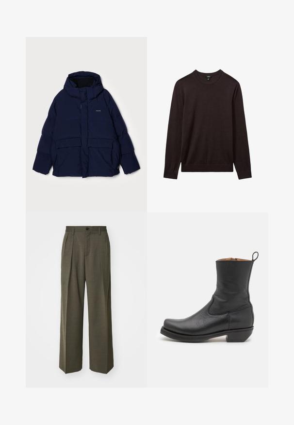 Tamsiai mėlynas pūkinis džemperis su gobtuvu, turintis priekį su užtrauktuku, didelėmis kišenėmis ir lygiu paviršiumi. Su prekės ženklo logotipu ant krūtinės.; Reiss Džemperis - dark bordeaux; Filippa K WIDE TROUSERS - Kelnės - driftwood; Juodas odinis kulkšninis botas su lygiu paviršiumi, siauru profiliu, šoninėmis siūlėmis ir žemu kvadratiniu kulnu. Yra užvilkimo kilpelė nugarinėje dalyje.