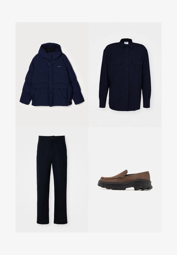 Navy puffer jacket with a hood, featuring a front zip, large patch pockets, and a smooth texture. Includes branding on the chest.; Filippa K RELAXED PATCH POCKET SHIRT - Shirt - navy; Navy blue trousers made of cotton, featuring a straight-leg design, a front button closure, and classic waistband with belt loops.; Brown suede slip-on shoe with a thick black rubber sole featuring bold traction patterns and a smooth, rounded toe design.