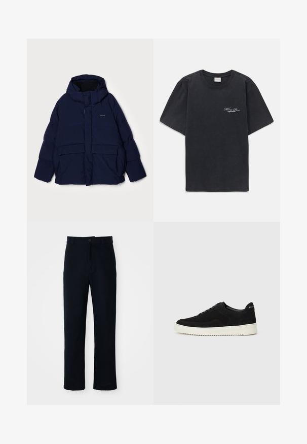 Tumes sinine pufjakken kapuutsiga, millel on eesne tunnel, suured klapitaskud ja sile tekstuur. Rinna peal on brändingu kujutis.; Must have lühikesed varrukad ümmarguse kaelusega must T-särk, millel vasakul rinnal on väike valge "Filling Pieces" teksti logo.; Tumed sinelased püksid puuvillast, sirge lõikega, eesnupu sulgemisega ning klassikalise vöökohaga, kus on vööaasad.; Mustad suede jooksujalatsid, millel on paelad ja kontrastne valge kummitald. Omab tekstuuriga külgpaneele ja tagasihoidlikku brändimist kandadel.