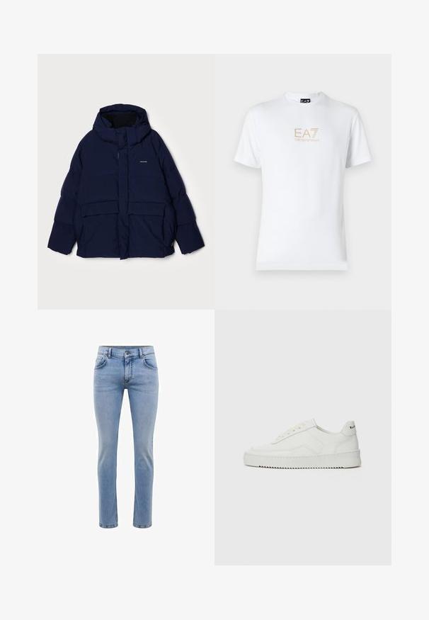 Navy puffer jacket with a hood, featuring a front zip, large patch pockets, and a smooth texture. Includes branding on the chest.; White cotton t-shirt featuring a round neckline and short sleeves, with a gold EA7 Emporio Armani logo printed on the front.; Light blue denim jeans with a slim fit, five pockets, and a straight leg design. Features a zipper fly and belt loops. Soft texture.; White leather sneaker with a smooth finish, round toe, flat laces, and a textured sole. Features a subtle logo on the heel.