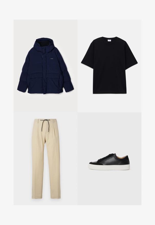 Marineblaue Pufferjacke mit Kapuze, ausgestattet mit einem Frontreißverschluss, großen aufgesetzten Taschen und einer glatten Textur. Enthält Branding auf der Brust.; Schwarzes, oversized T-Shirt mit kurzen Ärmeln und rundem Ausschnitt, mit sichtbarem Filippa K Markenlabel im Kragen.; Beige Hose mit geradem Schnitt, ausgestattet mit einem Kordelzugbund, gefältelter Vorderseite und glatter Textur. Einfaches, vielseitiges Design.; Schwarze Ledersneaker mit Wildlederakzenten, runde Zehenpartie, flache weiße Gummisohle und kontrastierende Texturen am Obermaterial und den Schnürsenkeln.