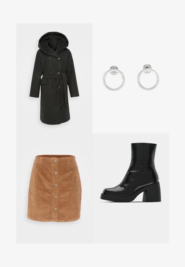 Donkergroen jasje met een grote capuchon, dubbele knopen sluiting, zijzakken en een bijpassende riem. Zachte stof met een gladde textuur.; Drie lange mouw crop tops gestapeld, in de kleuren wit, beige en gedempt teal, met ronde halslijnen op een lichtgrijze achtergrond.; Korte corduroy rok in lichtbruin met een knoopsluiting aan de voorkant, zeven silvertint knopen en een gestructureerde, ribbelstof.; Zwarte enkellaarzen met een glanzende afwerking, vierkante neus en een dikke blokhak. Het ontwerp heeft een naadloze silhouet en minimale branding.; Zilveren metalen ringoorbellen met een geborstelde textuur, met een ronde vorm en een transparante bevestiging voor een veilige draagwijze.