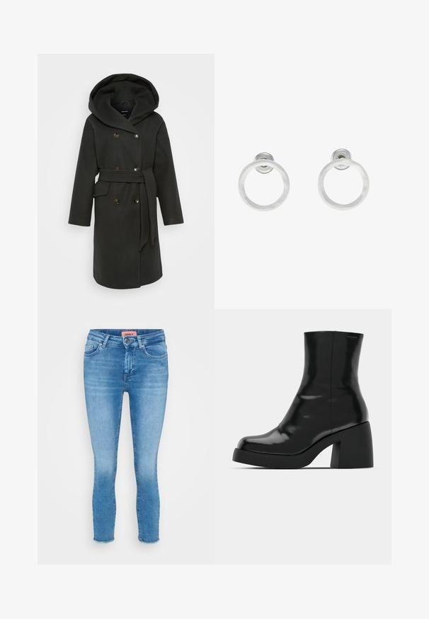 Dunkelgrüner Mantel mit großer Kapuze, doppelter Knopfleiste, seitlichen Taschen und einem passenden Gürtel. Weiches Material mit glatter Textur.; Drei langärmelige Cropped Tops übereinander gestapelt, in den Farben Weiß, Beige und gedecktem Türkis, mit runden Ausschnitten auf einem hellgrauen Hintergrund.; Hellblaue enganliegende Jeans aus Denim mit mittelhohem Bund, Fünf-Taschen-Design und rohem Saum an den Knöcheln. Markenlabel an der Taille sichtbar.; Schwarze Stiefeletten mit glänzender Oberfläche, quadratischer Zehenpartie und dicker Blockabsatz. Das Design zeichnet sich durch eine nahtlose Silhouette und minimalistische Markenkennzeichnung aus.; Silberne Metall-Hoops Ohrringe mit gebürsteter Oberfläche, die ein kreisförmiges Design aufweisen und mit einem klaren Steckverschluss für einen sicheren Halt ausgestattet sind.