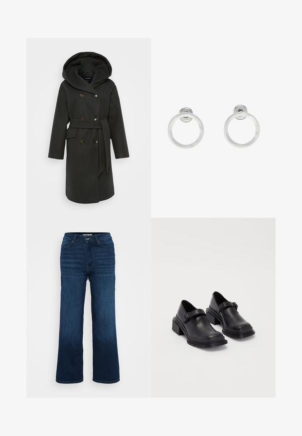 Dark green coat with a large hood, double-breasted button closure, side pockets, and a matching belt. Soft fabric with a smooth texture.; Even&Odd Petite 2 PACK - Top - light grey/black; ONLY Petite ONLMADISON BLUSH WIDE - Wide Leg - dark blue denim; Black leather shoes with a rounded toe, flat sole, and a strap with a buckle detail. Chunky block heel for added stability.; Silver metal hoop earrings with a brushed texture, featuring a circular design and a clear post back for secure wear.
