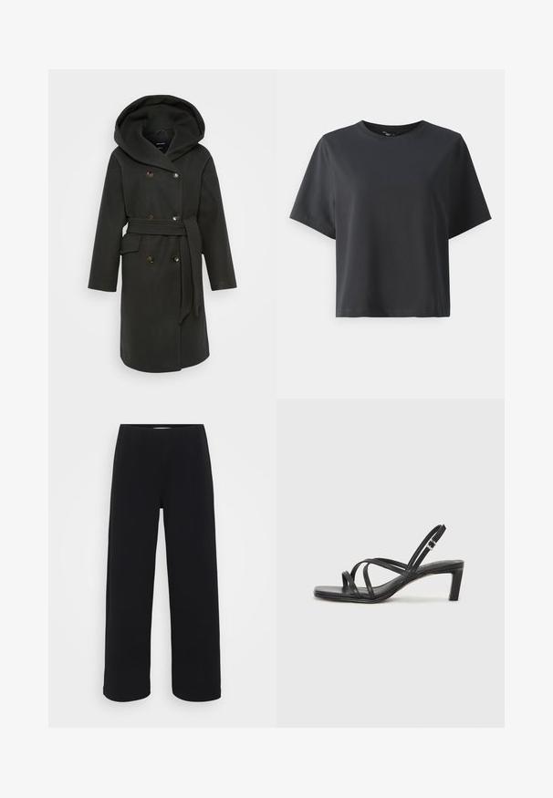 Mørkegrønn frakk med stor hette, dobbelspent knappelukking, sidelommer og matchende belte. Myk stoff med en jevn tekstur.; Svart bomull T-skjorte, korte ermer, rund hals, avslappet passform, jevn tekstur, enkel design, ingen mønstre eller aksenter.; Svart bukser med vid benvidde og elastisk midjebånd. Laget av et strukturert materiale, med en løs passform og rett snitt fra hoftene til sømmen.; Sorte sandaler med stropper, firkantet tå og lav blokk hæl. Har flere tynne stropper og en justerbar ankelstropp. Laget av glatt lær.