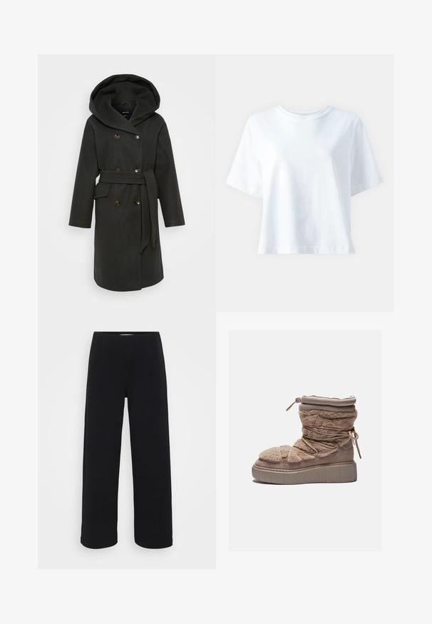 Mørkegrønn frakk med stor hette, dobbelspent knappelukking, sidelommer og matchende belte. Myk stoff med en jevn tekstur.; Hvit bomulls t-skjorte med rund hals, korte ermer, løs passform og jevn tekstur. Ingen mønstre eller aksenter synlige.; Svart bukser med vid benvidde og elastisk midjebånd. Laget av et strukturert materiale, med en løs passform og rett snitt fra hoftene til sømmen.; Hårete beige ankelstøvler med en chunky plattformsåle, sammenkrøllet overdel og elastiske snører. Har glidelås og myk tekstur.