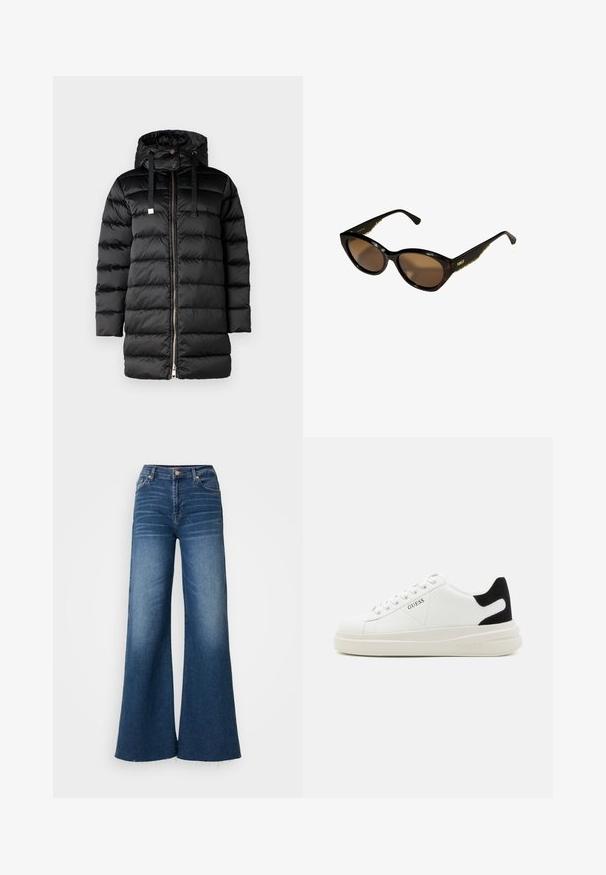 Schwarze Pufferjacke mit Kapuze, ausgestattet mit einem Reißverschluss und Kordelzügen. Gefüttertes Design mit glatter, glänzender Textur.; Weißes Langarm-T-Shirt aus Baumwolle. Bietet einen runden Halsausschnitt, normale Passform und ein minimalistisches Design ohne Muster oder sichtbare Hardware.; Weite Jeans im dunklen Blau mit hoher Taille, subtiler Auswaschung und rohem Saum. Gefertigt aus standardmäßigem Denim-Material.; Weiße Leder-Sneaker mit einer dicken weißen Sohle, schwarzem Wildlederakzent an der Ferse und geprägtem Logo an der Seite. Schnürdesign mit sechs Ösen.; Schwarze Cat-Eye-Sonnenbrille mit braunen Gläsern. Strukturiertes goldfarbenes Zubehör an den Bügeln. Glatter Kunststoffrahmen mit glänzender Oberfläche.; Silberne Creolen mit einer glatten, glänzenden Oberfläche. Abgerundete Form, leichtes Design, mit einer Steckverschluss.