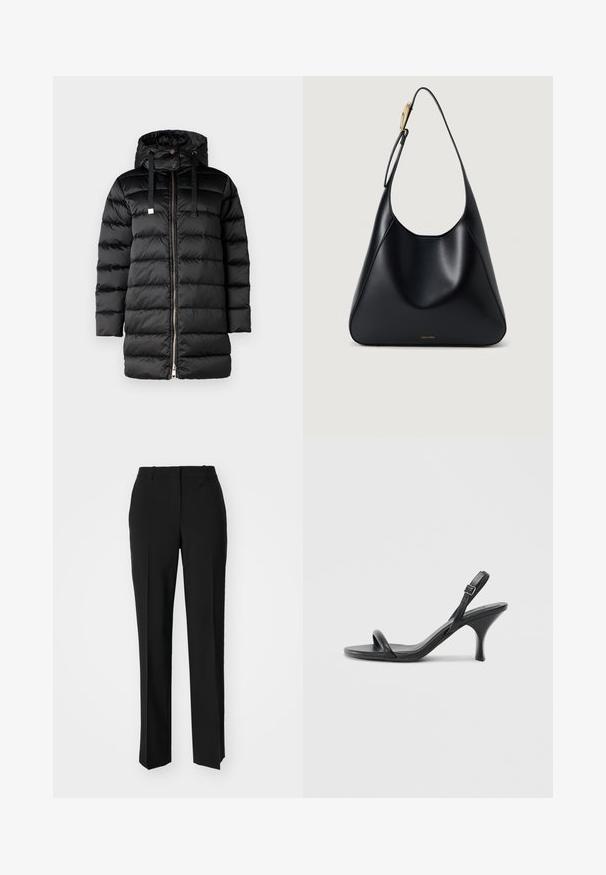 Črna napihljiva jakna s kapuco, z zadrgo in vrvico. Prešita zasnova s gladko, sijočo teksturo.; Bela skrajšana majica s kratkimi širokimi rokavi, mehka bombažna tkanina, okrogla ovratnica z diskretnim oranžnim robom, minimalističen dizajn, brez vzorcev ali grafike.; Črne krojene hlače s direktnim krojem, ki se ponašajo z gladko teksturo in ostrimi pregibi spredaj. Ni vidne kovine.; Črne usnjene visoke sandale s tankim, ukrivljenim petam in obliko križanih trakov. Nastavljiv trak okoli gležnja. Gladka tekstura.; Črna usnjena torba za ramo z gladko teksturo, ukrivljeno silhueto in zlatimi dodatki. Ima vtisnjen logotip blagovne znamke na dnu.