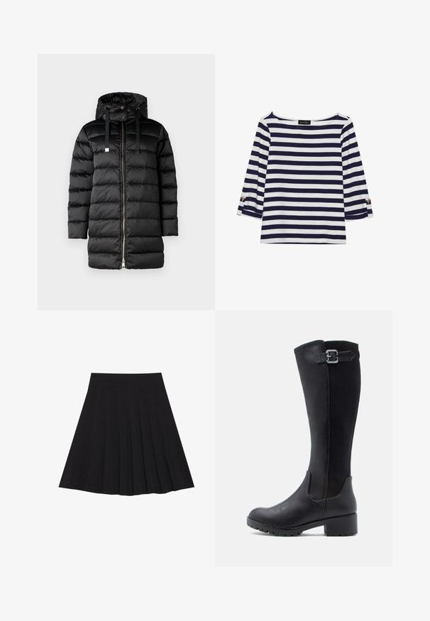 Mustat puffatakki hupparilla, jossa on vetoketjukiinnitys ja kiristysnyörit. Kasauskuvio ja sileä, kiiltävä rakenne.; Laivastonsininen ja valkoinen raidallinen pitkähihainen paita, jossa on venepääntie ja kultaiset napit käärittyissä hihoissa. Pehmeä kangas, rento mitoitus.; Musta taitettu hame, joka on valmistettu teksturoidusta kankaasta ja jossa on tiukka vyötärö. Laskeutuu polveen, ja siinä on suora ja siisti siluetti.; Mustat polven yli ulottuvat saappaat, joissa on sileä nahkainen etuosa, verkkopaneelit ja matala lohko korko, jossa on hihna ja solkiyksityiskohta.