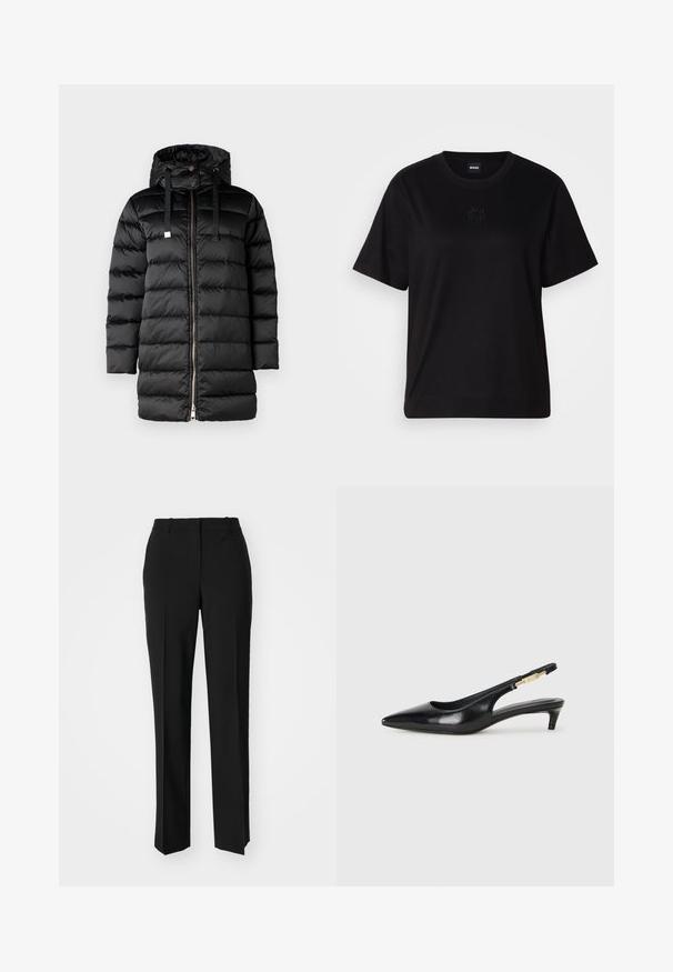 Zwarte pufferjas met een capuchon, voorzien van een ritssluiting en trekkoorden. Gequilte constructie met een gladde, glanzende textuur.; Zwarte katoenen t-shirt met een ronde hals, korte mouwen en een geborduurd logo op de borst. Eenvoudige, comfortabele pasvorm zonder patronen.; Zwarte op maat gemaakte broek met een recht model, voorzien van een soepele textuur en scherpe plooien aan de voorkant. Geen zichtbare hardware.; Zwarte leren slingback hakken met een spitse neus, voorzien van een slanke hak en een goudkleurige accent op de verstelbare band. Gladde textuur.