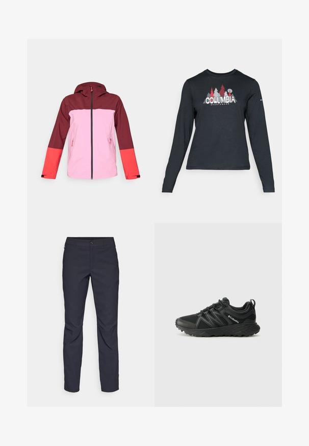 Rode en roze waterdichte jas met een capuchon, voorzien van een rits aan de voorkant, twee zijzakken, een kleurblokontwerp en contrasterende mouwaccenten.; Langsluitend donkergrijs shirt met lange mouwen, versierd met een grafisch ontwerp van rode bomen en bergen; het "COLUMBIA"-logo in vet witte tekst. Zacht materiaal, standaard ronde hals.; Navyblauwe broek van gladde stof, met een sluiting aan de voorkant met een knoop, slim-fit ontwerp en geplooide details bij de knieën.; Columbia PEAKFREAK - Outdoorschoenen - black