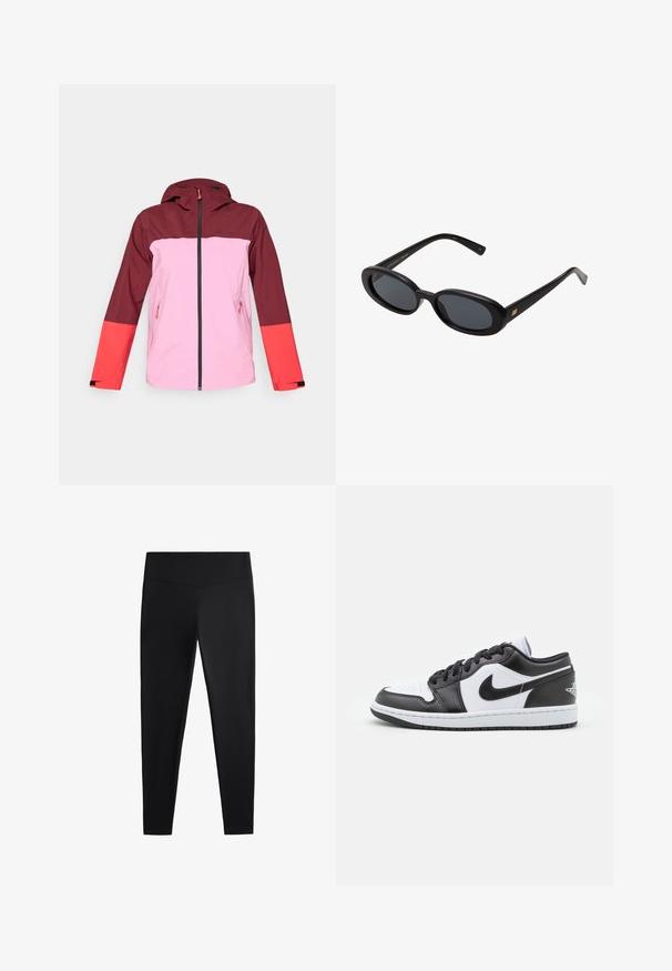 Piros és rózsaszín vízálló dzseki kapucnival, elöl cipzárral, két oldalsó zsebbel, színblokk mintázattal és eltérő színű ujjal.; Fehér bordázott ujjatlan póló, melyen a mellkas közepén egy fekete hímzett logó található. A nyakkivágás és az ujjak nyílásai finom szegéllyel vannak ellátva.; Fekete leggings sima, rugalmas anyagból. Széles derékpánt és szűkülő lábzárás jellemzi, alkalmas aktív vagy laza viseletre.; Fekete-fehér Nike alacsony szárú sportcipők sima bőrből készültek, kerek orrúak, fűzős záródásúak, és mintás gumitalppal rendelkeznek.; Fekete, oversize napszemüveg ovális lencsékkel, sima műanyag kerettel és arany részletekkel a fülpánton. Sötét lencséi védelmet nyújtanak a napfény ellen.