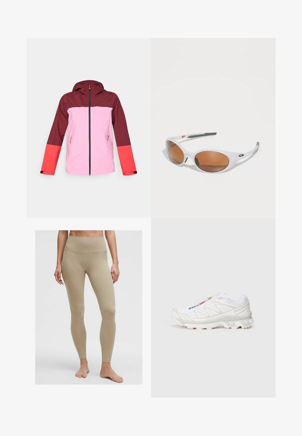 Rød og lyserød vandtæt jakke med hætte, der har lynlås foran, to sidelommer, farveblokdesign og kontrasterende ærmeaccent.; Hvid ærmeløs crop top lavet af glat, strækbart stof. Har en rund halsudskæring og subtile syninger langs kanterne.; Beige højtaljede leggings lavet af strækbart stof, med en glat tekstur og uden synlige mønstre eller hardware detaljer.; Hvid sportssko med tekstureret mesh-overdel, reflekterende detaljer og en polstret sål. Bemærkelsesværdigt mærke-logo på siden.; Hvide solbriller med brune linser, oval form, lavet af glat plastik, med grå accenter på stængerne og et logo på rammen.