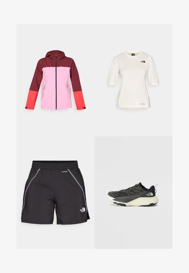 Chaqueta impermeable roja y rosa con capucha, que presenta un cierre frontal con cremallera, dos bolsillos laterales, diseño de bloques de color y acento en las mangas en contraste.; The North Face SHADOW SHORT SLEEVE - Camiseta deportiva - white dune; Pantalones cortos deportivos negros fabricados con material ligero, cuentan con una cintura elástica, detalles reflectantes y el logo "The North Face" en el lado izquierdo.; Zapatilla deportiva negra con parte superior texturizada, que presenta acentos grises y una entresuela blanca. Incluye una lengüeta y un logotipo de la marca destacado en el talón.