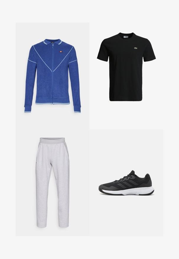 Sinine tõmblukuga jakk tekstuurse viimistlusega, millel on polo kaelus, valged ääristused ja väike logo detail vasakul rinnal.; Must musta T-särk ümarate kaelustega, lühikeste varrukatega ja väikese rohelise krokodilli logoga vasakul rinnal. Sile tekstuur, igapäevane disain.; Heled hallid treeningpüksid, mis on valmistatud pehmest kangast, elastse vöökoha, kahe küljetasku ja kitsenevate sääreotsadega, millel on manuse äär.; Must värvi sportlik king, millel on tekstuuriga pealispind, kolm horisontaalset triipu ja valge põhi mustriga tallaga. Kerge ja voolujooneline disain.