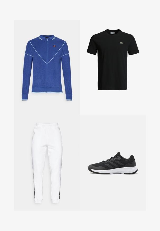 Blue zip-up jacket with a textured finish, featuring a polo collar, white piping, and a small logo detail on the left chest.; Black cotton t-shirt with a crew neck, short sleeves, and a small green crocodile logo on the left chest. Smooth texture, casual design.; White sweatpants with elastic waistband, featuring black side stripes and cuffs. Made from soft fabric with a smooth texture.; Black athletic shoe featuring a textured upper, three horizontal stripes, and a white sole with a patterned tread. Lightweight and streamlined design.