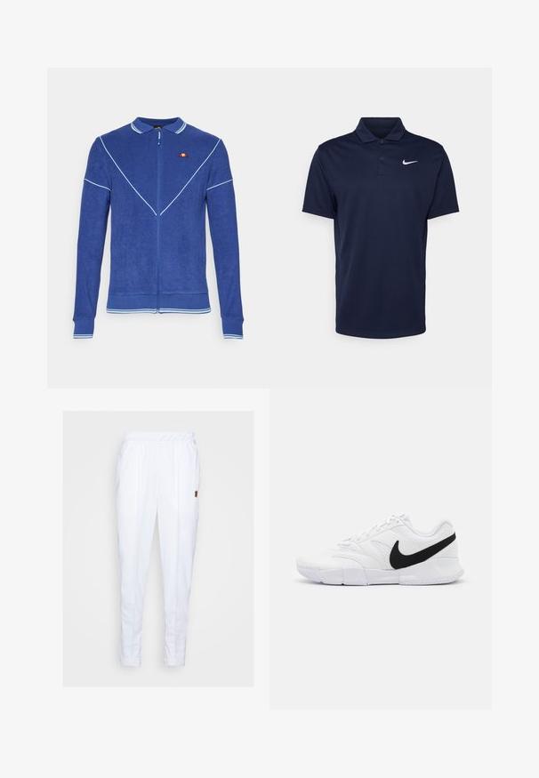 Chaqueta azul con cremallera y acabado texturizado, con cuello tipo polo, ribete blanco y un pequeño detalle de logo en el lado izquierdo del pecho.; Polo de color azul marino hecho de tela suave, con cuello de tres botones, mangas cortas y un pequeño logo blanco de Nike en el pecho.; Pantalones deportivos blancos con cintura elástica, que cuentan con bolsillos laterales y detalles de costura sutiles a lo largo de las piernas.; Zapatillas deportivas blancas con parte superior texturizada, logo de Nike en negro, cuello acolchado y suela de goma sólida con dibujo en patrón.