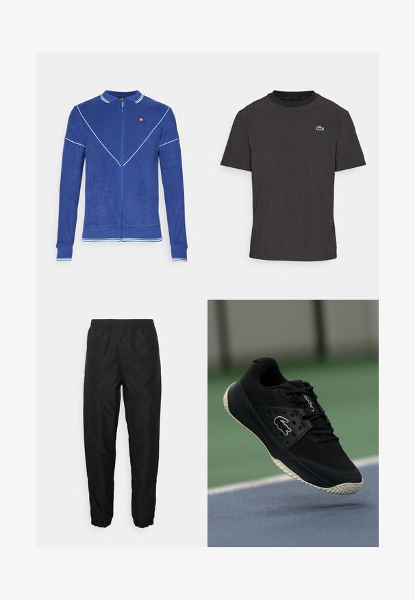 Blue zip-up jacket with a textured finish, featuring a polo collar, white piping, and a small logo detail on the left chest.; Black short-sleeve T-shirt made of soft fabric featuring a round neckline and a small green crocodile logo on the left chest.; Black athletic pants made of lightweight material with elastic waistband and cuffs, featuring a smooth texture and minimal branding detail.; Black athletic shoe with a textured upper and smooth accents, featuring a white logo, lace-up design, and flexible rubber outsole.