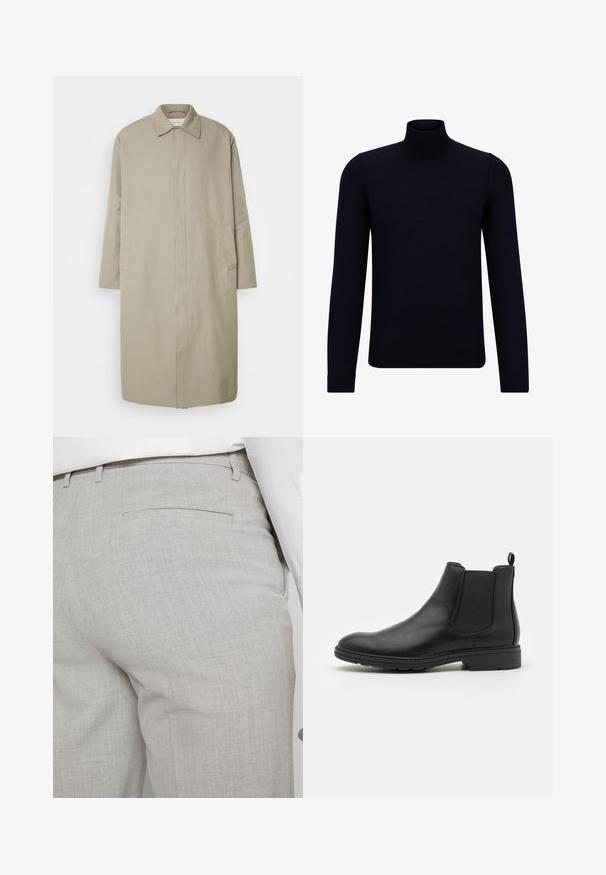 Beige dlouhý kabát vyrobený z lehké látky, s rovný střih, špičatým límcem a bočními kapsami; minimalistický design bez viditelných zapínání.; Tmavě modrý rolák vyrobený z jemného pleteného materiálu, s dlouhými rukávy a přiléhavým vysokým límcem. Bez viditelných vzorů nebo akcentů.; Světlounce šedé kalhoty na míru z texturované látky, s jednou zadní kapsou a čistým prošitím.; Černé kožené Chelsea boty s elastickými bočními panely a poutkem, s kulatou špičkou a texturovanou gumovou podrážkou.