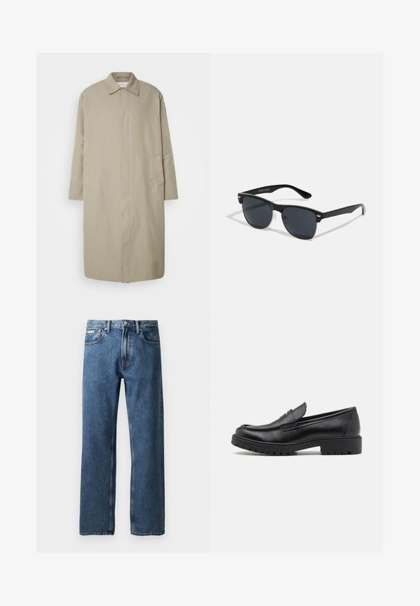 Kreemjas pikk jakk, mis on valmistatud kerge kangaga, sirge lõikega, punktkaelusega ja küljetaskutega; minimalistlik disain ilma nähtavate kinnitusteta.; Musta kõrge kaelusega kampsun, mis on valmistatud pehmest kudumist materjalist. Omab pikki varrukaid, soonikpitsiga kaela- ja alumist äärt. Lihtne ja sujuv disain ilma mustriteta.; Sinine sirge lõikega teksapüksid kõrge taljega, nuppe ja tõmblukkuga, ees taskud ning väike valge brändi silt paremal taskul.; Mustad musta nahast loafers, ümmarguse toe, libisemisega disain ja paks kummist tald, millel on tekstureeritud haardepind. Tõstetud kand ja peened õmblusdetailid.; Mustad mustmikrooni kujuga mustad prillid, tumedate klaasidega, hõbedased detailid templite juures ja mati viimistlusega raam.