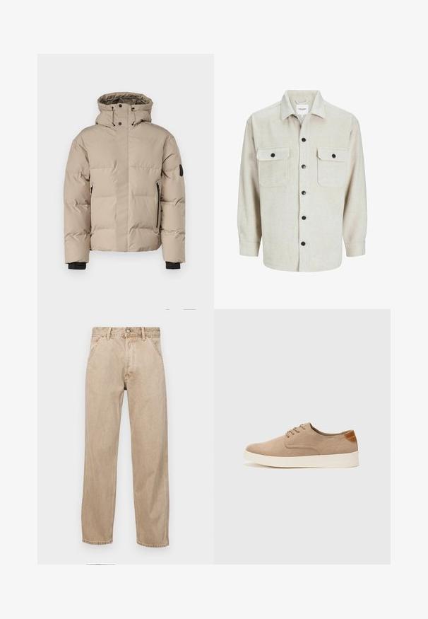 Beeži isoleeritud jakk kapuutsiga, millel on esine tõmblukk, külgmised tõmbluku taskud ja elastsed mansetid soojuse ja mugavuse tagamiseks.; Beež flanellist särk, millel on krae, kahe rinnatasku ja mustade nööpidega, pikaaeline varrukad nööpidega cuffs.; Bežidemini teksased sirgjoonise kujundusega, front pocket'itega, metallist nööbi kinnitusega ja peene tekstuuriga.; Beežid nahast tossud ümarate varvastega, paeltega esiosa ja tekstuuriga tagakontuuriga. Valge kummist tallapakkumine loob kontrasti. Lihtne ja kaasaegne disain.