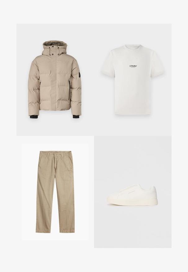 Beige insulated jacket with a hood, featuring a front zip closure, side zip pockets, and elastic cuffs for warmth and comfort.; White cotton t-shirt with short sleeves, featuring a black "JJ Studios" logo on the chest. Crew neck and standard fit design.; Beige straight-leg chinos with belt loops, front button and zipper closure, and slant front pockets.; White slip-on sneakers with a textured surface, a thick sole, and minimalistic design. Features brand logo on the side.