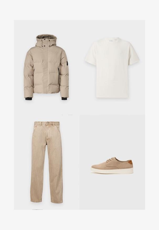 Beige zateplená bunda s kapucí, která má přední zip, boční zipové kapsy a elastické manžety pro teplo a pohodlí.; Bílý krátký rukáv tričko s pružnou strukturou. Kulatý výstřih, volný střih, bez viditelných vzorů nebo detailů. Jednoduchý a univerzální design.; Béžové džíny z denimu se středně širokým střihem, vybavené předními kapsami, kovovým zapínáním na knoflík a jemnou texturou.; Béžové semišové tenisky s kulatou špičkou, šněrováním vpředu a texturovaným zadním akcentem. Bílá gumová podrážka poskytuje kontrast. Jednoduchý a moderní design.