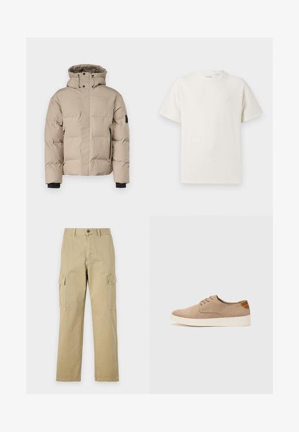 Beige insulated jacket with a hood, featuring a front zip closure, side zip pockets, and elastic cuffs for warmth and comfort.; White short-sleeve T-shirt in a ribbed texture. Round neckline, relaxed fit, no visible patterns or accents. Simple and versatile design.; Beige cargo pants made of cotton, featuring two side pockets, a button closure, and straight legs with a slightly textured fabric.; Beige suede sneakers with a rounded toe, lace-up front, and a textured back accent. White rubber sole provides contrast. Simple and modern design.