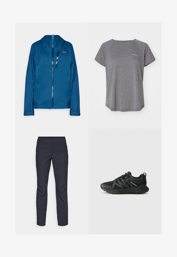 Patagonia GRANITE CREST - Jachetă hardshell - lagom blue; Cămașă gri cu mânecă scurtă, având un model texturat subtil, decolteu rotund și logo-ul Columbia pe piept. Material moale, croială lejeră.; Pantaloni bleumarin dintr-un material neted, cu închidere frontală cu buton, croială slim-fit și detalii pliate la genunchi.; Columbia PEAKFREAK - Pantofi drumeție - black