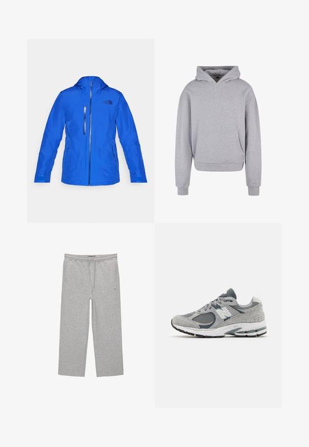 The North Face DESCENDIT JACKET - Jakna za daskanje na snijegu - blue; Sivi pamučni dukserica s prednjim džepom, kapuljačom na vezanje te rebrastim manžetama i rubom. Ima mekan, teksturiran završetak.; Sive cotton hlače za opuštanje s elastičnim pojasom, vezicom i dva bočna džepa; ravni kroj, mekana tekstura, bez uzoraka.; Sivi tenisice izrađene od mrežastih i antilop materijala, s bijelim logotipom, podstavljenim okvirom i teksturiranom gumom potplatom. Akcenti u tamnijoj sivoj boji.