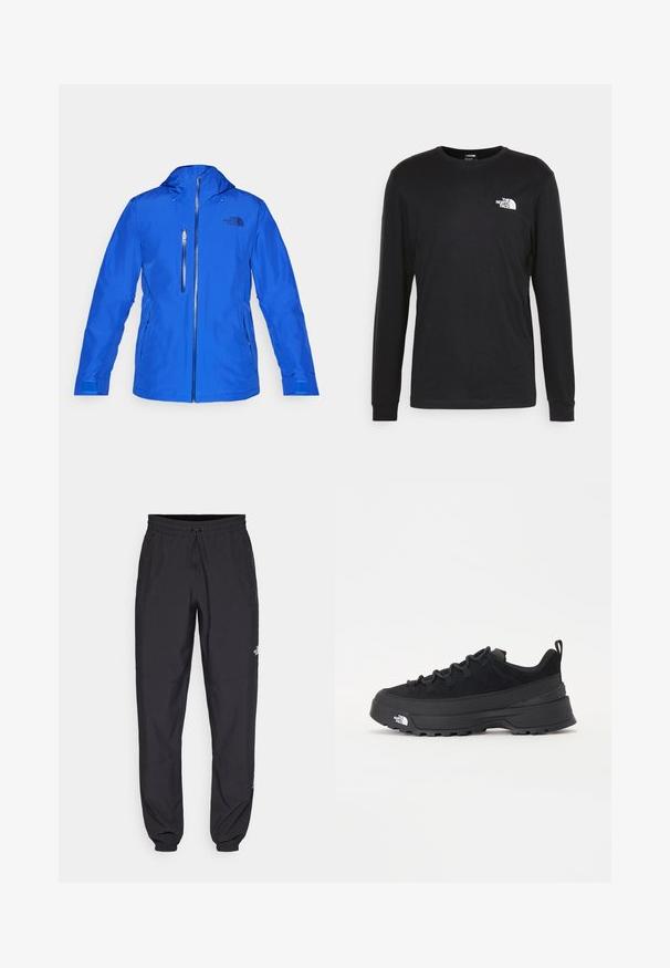 The North Face DESCENDIT JACKET - Geacă snowboard - blue; Tricou negru cu mânecă lungă din bumbac, având un logo alb pe partea stângă a pieptului și mansete cu țesătură fină. Textură netedă cu decolteu rotund.; Pantaloni atletici negri, confecționați dintr-un material ușor, cu un tiv elastic la talie, buzunare laterale și tivuri ajustate la gleznă.; Tenisi de exterior negri cu superior din daim, talpă din cauciuc texturat și sistem de șireturi solid. Prezintă un călcâi întărit și un logo al mărcii pe lateral.