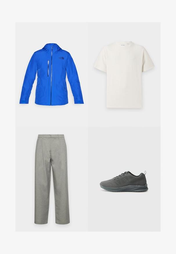 The North Face DESCENDIT JACKET - Snieglenčių striukė - blue; Balta trumpa rankovė T-polo marškinėlių su juostelėmis tekstūra. Apvalus iškirpimas, laisvas fasonas, jokių matomų raštų ar akcentų. Paprastas ir universalus dizainas.; Pilkos pritaikytos kelnės, pagamintos iš tekstūruoto audinio, su tiesiais keliamos dizainu, priekinėmis klostėmis ir standartiniu juosmeniu su diržo kilpomis.; Pilki sportiniai batai su pralaidžiu mesh viršumi, tekstūruotomis šoninėmis dalimis ir lankstiu guminiais padu. Turi raištelių užsegimą ir kilpos ant blauzdos.