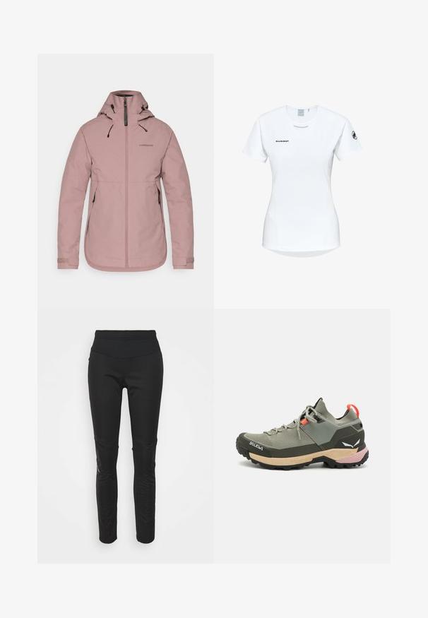 Giacca impermeabile rosa con zip frontale, cappuccio regolabile e polsini elasticizzati. Presenta il logo sul petto e due tasche laterali. Texture liscia.; Maglietta atletica bianca a maniche corte con colletto rotondo, dotata di un logo sul petto e una texture di tessuto liscia e leggera.; Leggings sportivi neri con una vita alta, texture liscia, dettaglio del logo e pannelli laterali per un maggiore interesse visivo.; Scarpa da trekking leggera verde con materiali in rete e gomma, suola antiscivolo nera, accenti rosa e arancioni e punta rinforzata.