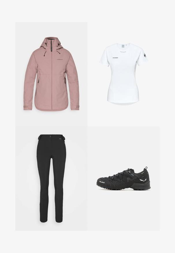 Rosa wasserabweisende Jacke mit Reißverschluss vorne, verstellbare Kapuze und elastischen Bündchen. Ausgestattet mit einem Logo auf der Brust und zwei Seitentaschen. Glatte Textur.; Kurzärmliges weißes Sportshirt mit Rundhalsausschnitt, das ein Logo auf der Brust und eine glatte, leichte Stofftextur aufweist.; Schwarze, enganliegende Hosen aus einem flexiblen Material. Zu den Merkmalen gehören eine seitliche Reißverschlusstasche, vorgeformte Knie und eine glatte Textur.; Schwarze Wanderschuhe mit einem strukturierten Obermaterial aus Stoff, Schnürsystem und robuster Gummisohle. Akzentuiert mit reflektierenden Details und Logos.