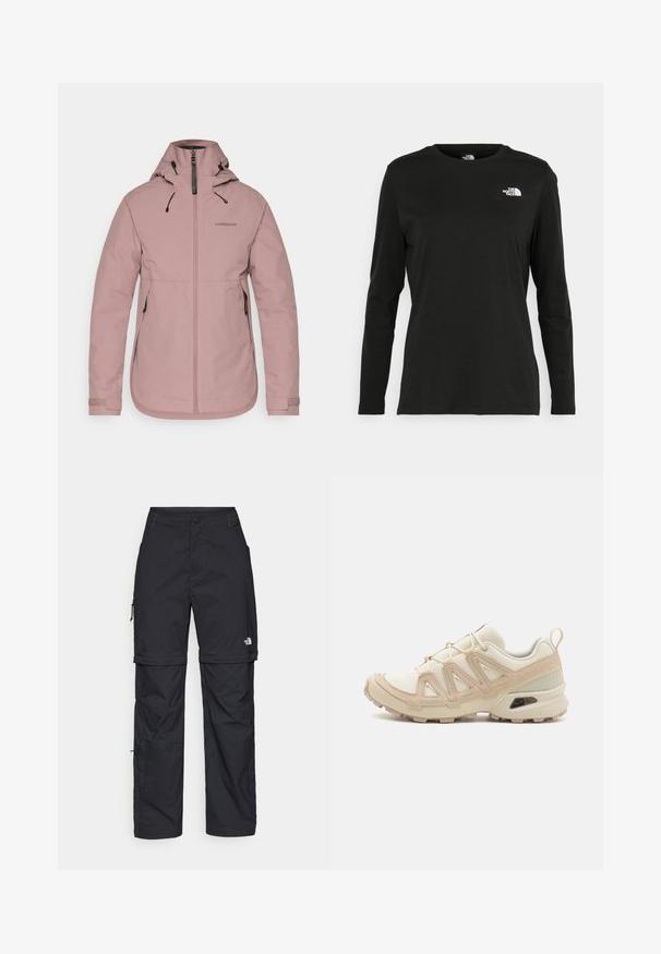 Veste imperméable rose avec fermeture éclair à l'avant, capuche ajustable et poignets élastiques. Logo sur la poitrine et deux poches latérales. Texture lisse.; T-shirt noir à manches longues en coton avec un col rond. Présente un petit logo blanc sur la partie gauche de la poitrine. Design et coupe simples.; Pantalons cargo en nylon noir, à zip amovible, avec chevilles ajustables, plusieurs poches et un logo sur la jambe droite. Texture lisse et légère.; Baskets de sport beiges et crème avec une tige en mesh texturé, des superpositions de soutien et une semelle en caoutchouc dotée d'un motif de crampons pour une traction.