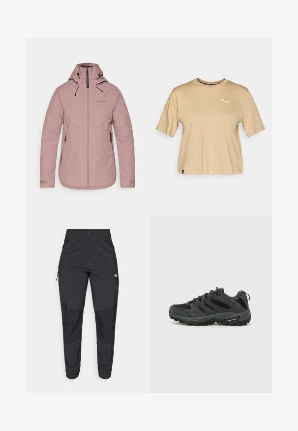 Casaco impermeável rosa com fecho éclair na frente, capuz ajustável e punhos elásticos. Apresenta logotipo no peito e dois bolsos laterais. Textura suave.; T-shirt de algodão bege com mangas curtas. Apresenta um decote redondo e um logótipo branco no peito. Barra reta com um detalhe de etiqueta discreto.; Calças pretas para exterior feitas de um tecido resistente. Apresentam bolsos com fecho, painéis de joelhos reforçados e um design de corte reto para maior mobilidade.; Columbia REDMOND - Sapatos de caminhada - black/citron haze