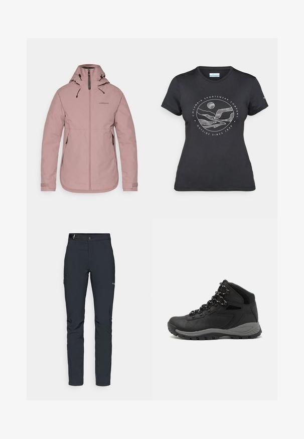 Lyserød vandtæt jakke med lynlås foran, justerbar hætte og elastiske manchetter. Har logo på brystet og to sidelommer. Glat tekstur.; Sort Columbia t-shirt med hvid cirkulær bjerg- og flodlinjekunst samt teksten "Columbia Sportswear Company Udenfor Siden 1938."; Herrers udendørsbukser, mørkegrå, lavet af fleksibelt materiale, med bælte, lynlåslommer og forstærkede syninger.; Sort vandrestøvle med en mellem-højde design, der har en tekstureret overdel, grå detaljer og en holdbar gummisål med skridsikre klodser.