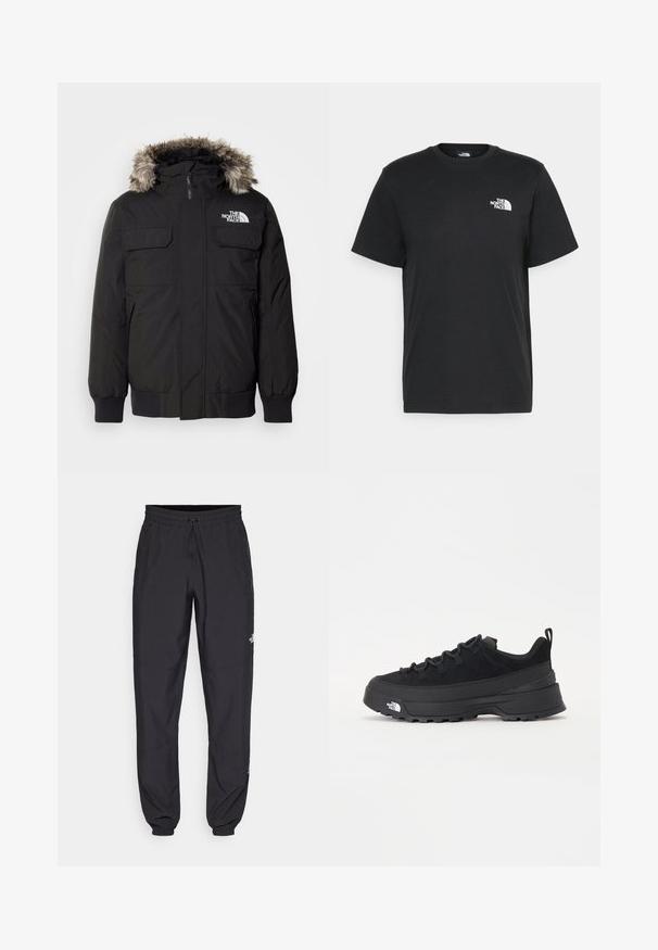 The North Face MCMURDO - Down jacket - black; Black cotton t-shirt with short sleeves, crew neck, and a small white logo on the left chest. Simple design, smooth texture, and relaxed fit.; Black athletic pants made from lightweight fabric, featuring a drawstring waistband, side pockets, and tapered cuffs at the ankles.; Black outdoor sneaker with a suede upper, textured rubber sole, and sturdy lacing system. Features a reinforced heel and brand logo on the side.