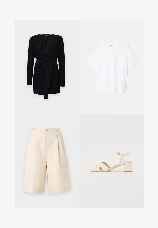 Black pleated dress with long sleeves, round neckline, and a matching fabric belt at the waist. Smooth texture and tailored fit.; White cotton t-shirt with short sleeves, round neckline, relaxed fit, and stitched hem. Label visible on the inside neck.; Beige linen shorts with a relaxed fit, featuring a button closure, pleated design, and knee-length cut. Smooth texture and simple style.; Beige patent leather heeled sandals with cross strap design, open toe, adjustable ankle strap, and a block heel. Smooth texture.