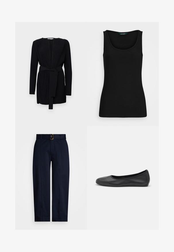 Svart, plissert kjole med lange ermer, rund halsutringning, og et matchende belte i stoff i midjen. Glatt tekstur og skreddersydd passform.; Svart ribbestrikket tank topp med rund hals, tettsittende fasong og sømløse kanter. Stoffet er mykt og elastisk. Merket leser "LAUREN."; Marine bukser med vævet talje og en guldring spænde, med en lige ben-udskæring og pressefurer langs fronten.; Svart skinnballettflatt med rund tå, glatt tekstur, minimal sømdetalj, og et fleksibelt såledesign.