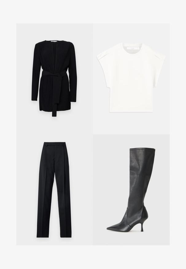 Fekete, redőzött ruha hosszú ujjakkal, kerek nyakkivágással és azonos anyagú övvel a deréknál. Sima textúra és testhezálló szabás.; Fehér, doboz formájú póló rövid ujjakkal. Simára símított szövetből készült, kerek nyakkivágással és diszkrét vállrészletekkel rendelkezik. Egyszerű dizájn.; Fekete nadrág sima anyagból, magas derékkal, széles lábakkal, elülső redőkkel és klasszikus övhurkokkal. Oldalzsebek nem láthatók.; Térd fölötti fekete bőr csizmák hegyes orral és karcsú stiletto sarkal. Simább textúrájúak, jól illeszkedő kialakítással és varrással a tetején.