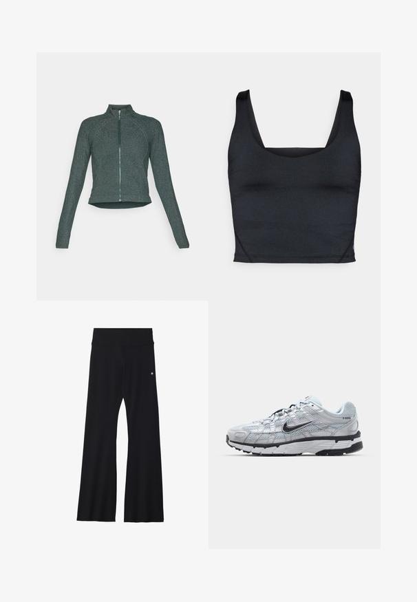 Ciemnozielona, dopasowana kurtka z zamkiem błyskawicznym i wysokim kołnierzem, o gładkiej fakturze i subtelnym połysku; posiada długie rękawy i zaokrąglony dół.; Czarny krótki top na ramiączkach wykonany z gładkiej, elastycznej tkaniny, z szerokimi ramiączkami i kwadratowym dekoltem z minimalnymi przeszyciami.; Czarne, rozszerzane spodnie do jogi z elastycznego materiału, z szerokim pasem i małym logo w pobliżu biodra. Gładka tekstura, bez wzorów.; Nike P-6000 sneakers z jasnoszarym siateczkowym wierzchem, czarnymi akcentami i trwałą czarną gumową podeszwą. Charakteryzują się skomplikowanym wzornictwem i systemem sznurowania.
