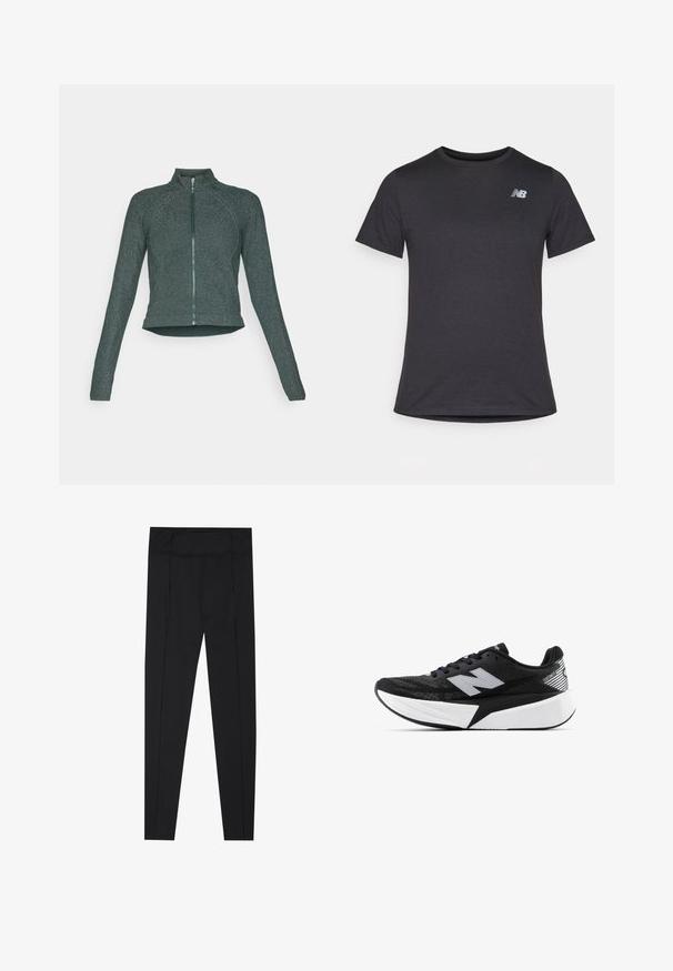 Temnozelena, prilegajoča se jopica z zadrgo in visokim ovratnikom, gladka tekstura in subtilen lesk; ima dolge rokave in zaobljen rob.; Črna majica s kratkimi rokavi iz mehkega blaga, z majhnim sivim logotipom New Balance na zgornjem levem prsnem delu, klasična zasnova okroglega izreza.; Črne legginske hlače z gladko teksturo, visokim pasom in šivi ob straneh. Slim-fit zasnova, primerna za različne aktivnosti.; Črno-bela tekaška obutev New Balance z debelim podplatom, mrežnim zgornjim delom in logotipom "N" na strani, prikazana s zunanje strani.