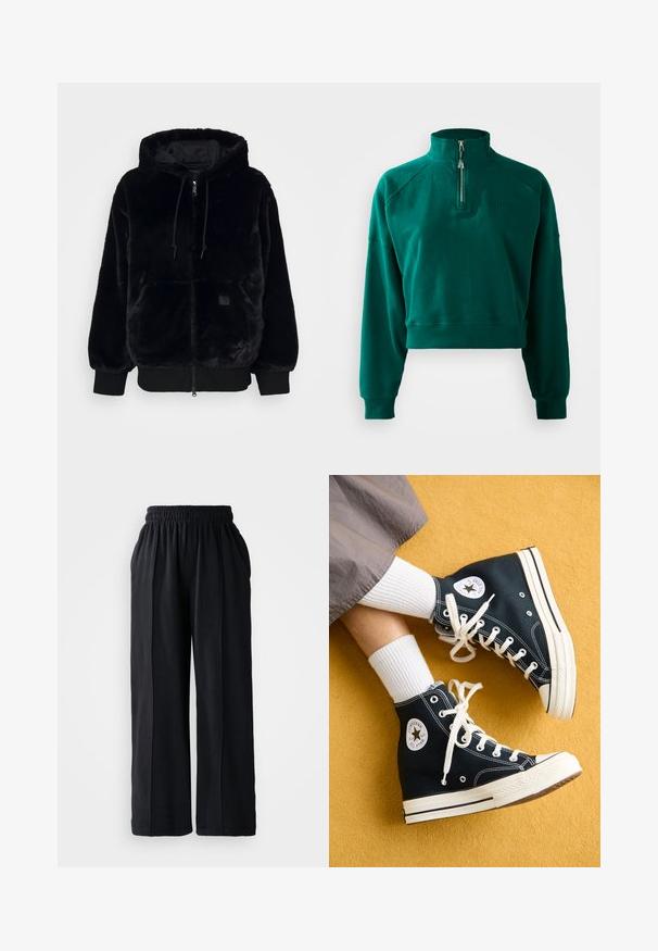 Černá umělá kožešinová bunda s kapucí, s předním zipem, elastickými manžetami a přední kapsou. Obsahuje lesklou podšívku a akcent v podobě stahovací šňůrky.; Krátký svetřík v tmavě zelené barvě, s polovičním zipem, žebrovanými manžetami a jemnou texturou. Vyšívané logo na hrudi.; Černé široké kalhoty s elastickým pasem, vyrobené z měkké látky, s hladkým povrchem a čistými designovými liniemi.; Černé vysoké plátěné tenisky s bílými tkaničkami a gumovou podrážkou, se zaobleným logem Converse All Star na vnější straně.