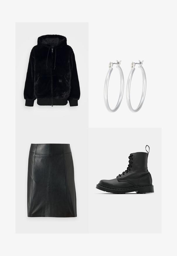 Black faux fur hooded jacket with a zip front, elastic cuffs, and a front pocket. Features a glossy inner lining and drawstring accent.; White ribbed tank top with a round neckline and sleeveless design, featuring a straight hem and a smooth, stretchy texture.; Black leather skirt with a fitted design. Smooth texture, seams outlining shape, and a straight hem. Minimalistic and sleek appearance.; Black leather combat boot with a round toe, lace-up front, and a pull tab at the ankle. Features a thick rubber sole for durability.; Silver hoop earrings with a smooth, polished finish. Round shape and secure click-top closure. Lightweight design suitable for everyday wear.