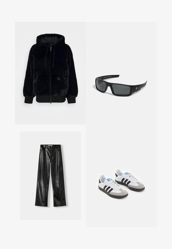 Fekete műszőrme kapucnis dzseki, cipzárral elöl, elasztikus mandzsettákkal és elülső zsebbel. Fényes bélés és húzózsinór részlet jellemzi.; Két hosszú ujjú felső: egy fekete és egy fehér. Mindkettő kerek nyakkivágással és sima, bordázott textúrával rendelkezik. A márkajelzés látható a nyakszíj belsejében.; Fekete bőr széles szárú nadrág fényes textúrával, két elülső zsebbel, gombos záródással és látható varrás részletekkel.; Fehér bőr felsőrészes sportcipő, szürke velúrból készült orral és három fekete csíkkal. Jellemzője a kék logó a nyelvén és egy texturált gumitalp.; Fekete napszemüveg téglalap alakú kerettel, sötétszürke lencsékkel és sima műanyag bevonattal. Jeles logó hangsúly a szélén.; Fekete nylon válltáska ívelt formával, ezüst lánc díszítéssel, leválasztható mini zsebbel és állítható pánttal; tartalmazza a "Steve Madden" logót.