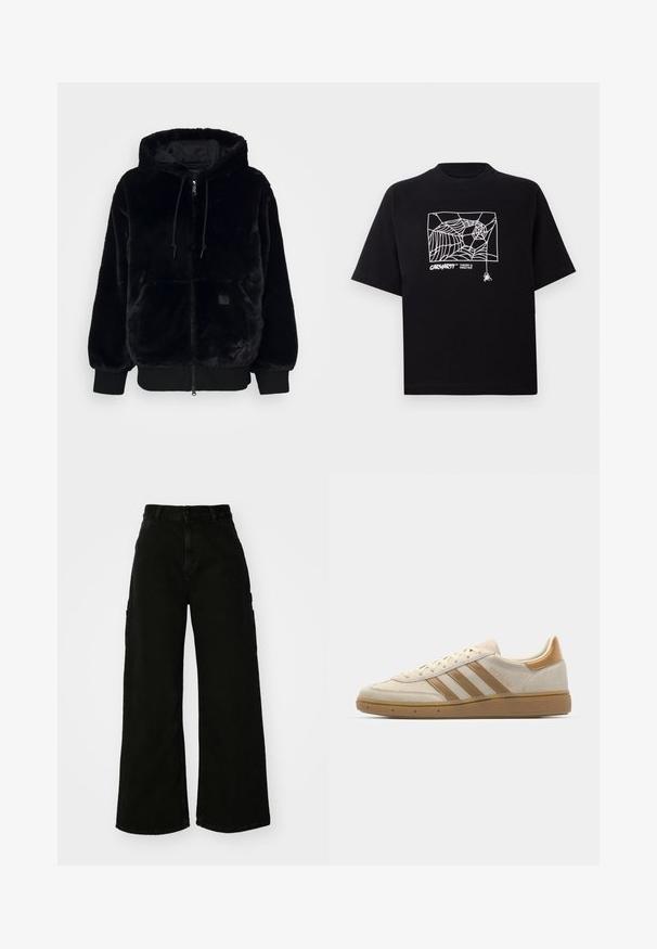 Must tõmblukuga must faux nahast jope kapuutsiga, elastsete mansettide ja eesmise taskuga. Omab läikivat sisevoodrit ja nööriga aktsenti.; Mustmust särgis, millel on lühikesed varrukad. Esipaneelil on valge ämblikuvõrgu graafika ja logo. Lihtne ümmargune kaelus.; Must musta laiad jõhkrad püksid, mis on valmistatud denimist, kõrge vöökoha, esise nupu sulgemise ja küljetaskutega. Sile tekstuur minimaalse õmblusega.; Beež sametist tossud heledate pruunide aktsentidega. Omab kolme pruunist triipu, tekstureeritud kummist tallat ja ümarat varvaku kuju.