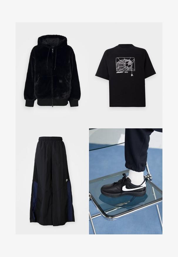 Schwarze Kunstpelz-Hoodie-Jacke mit Reißverschluss vorne, elastischen Bündchen und einer Fronttasche. Verfügt über ein glänzendes Innenfutter und einen Zugbandakzent.; Schwarzes T-Shirt aus Baumwolle mit kurzen Ärmeln. Mit einem weißen Spinnennetz-Graphic und Logo auf der Vorderseite. Einfacher runder Ausschnitt.; Schwarze weit geschnittene Hose aus leichtem Stoff, mit einem dunkelblauen Seitenpanel und einem elastischen Bund. Kleines weißes Logo am unteren Ende.; Schwarze Nike-Sneaker mit weißen Akzenten, die über eine glatte Ledertextur, ein Schnürdesign und eine abgerundete Zehenform verfügen, platziert auf einem Glasstuhl.