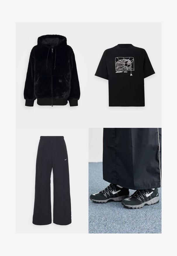 Juodas dirbtinio kailio džinsinis švarkas su užtrauktuku, elastiniais rankogaliais ir priekinėmis kišenėmis. Pasižymi blizgiai vidine pamušalu ir raišteliu.; Juodas medvilnės marškinėliai su trumpomis rankovėmis. Priekyje yra balta voratinklio grafika ir logotipas. Paprastas apvalus iškarpymas.; Juodos plačios kojos kelnės su elastinga liemene ir mažuoju baltu Nike logotipu. Audinys turi lygią tekstūrą, sukurtas patogumui ir kasdieniam nešiojimui.; Juodi sportiniai bateliai su tekstūruota viršutine dalimi, sidabriniais akcentais ir raštuotu padu, derinami su juoda ilga apranga. Fonas - mėlynas kilimas.